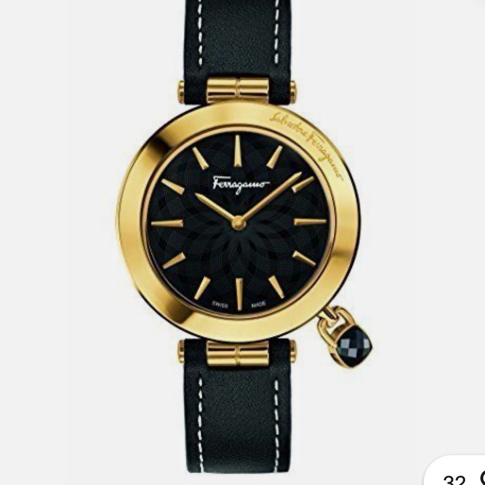 Salvatore Ferragamo Gold-Tone Case Black Dial Black Leather Strap Watch